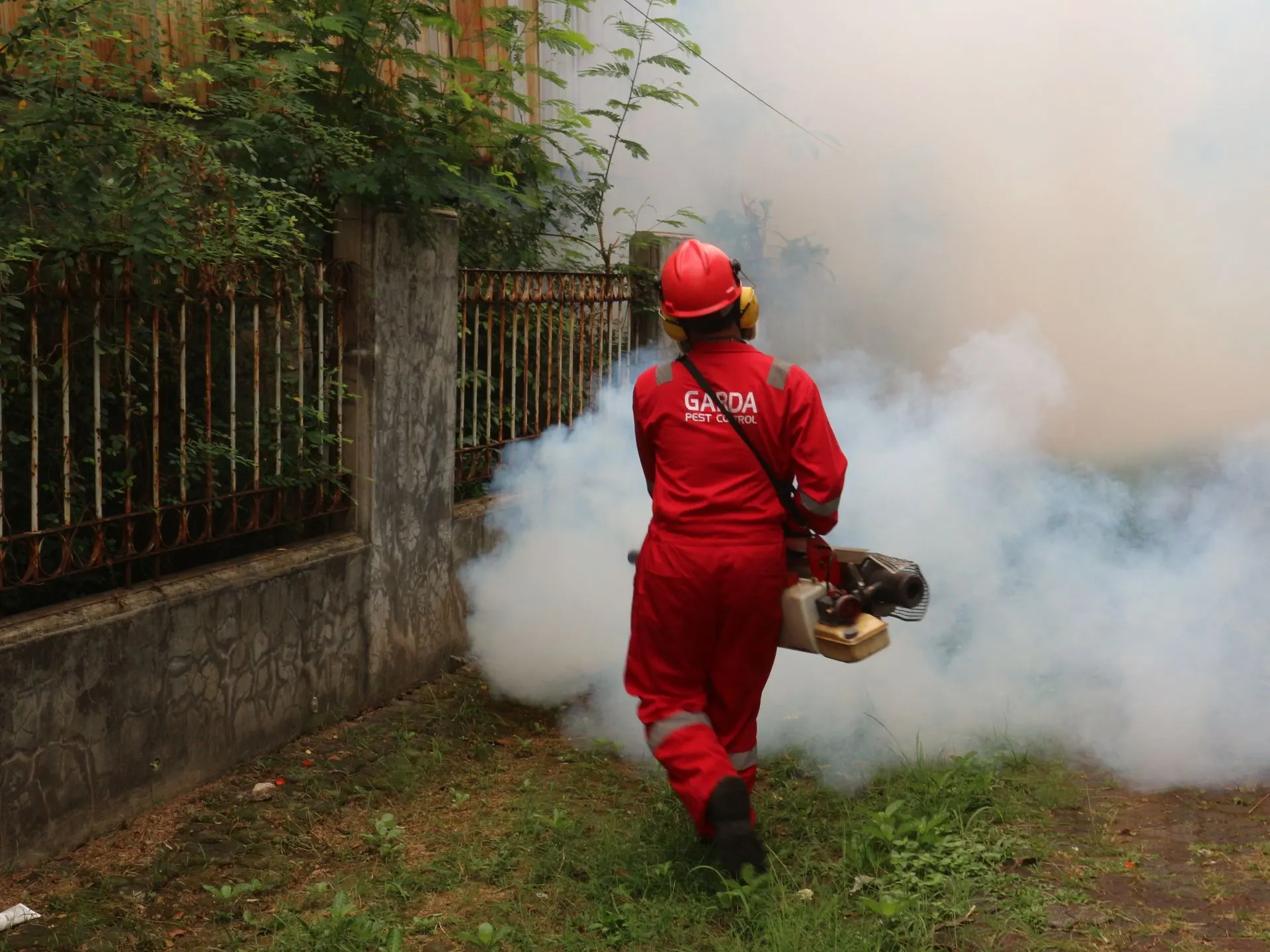 Pest control technician fogging a yard
